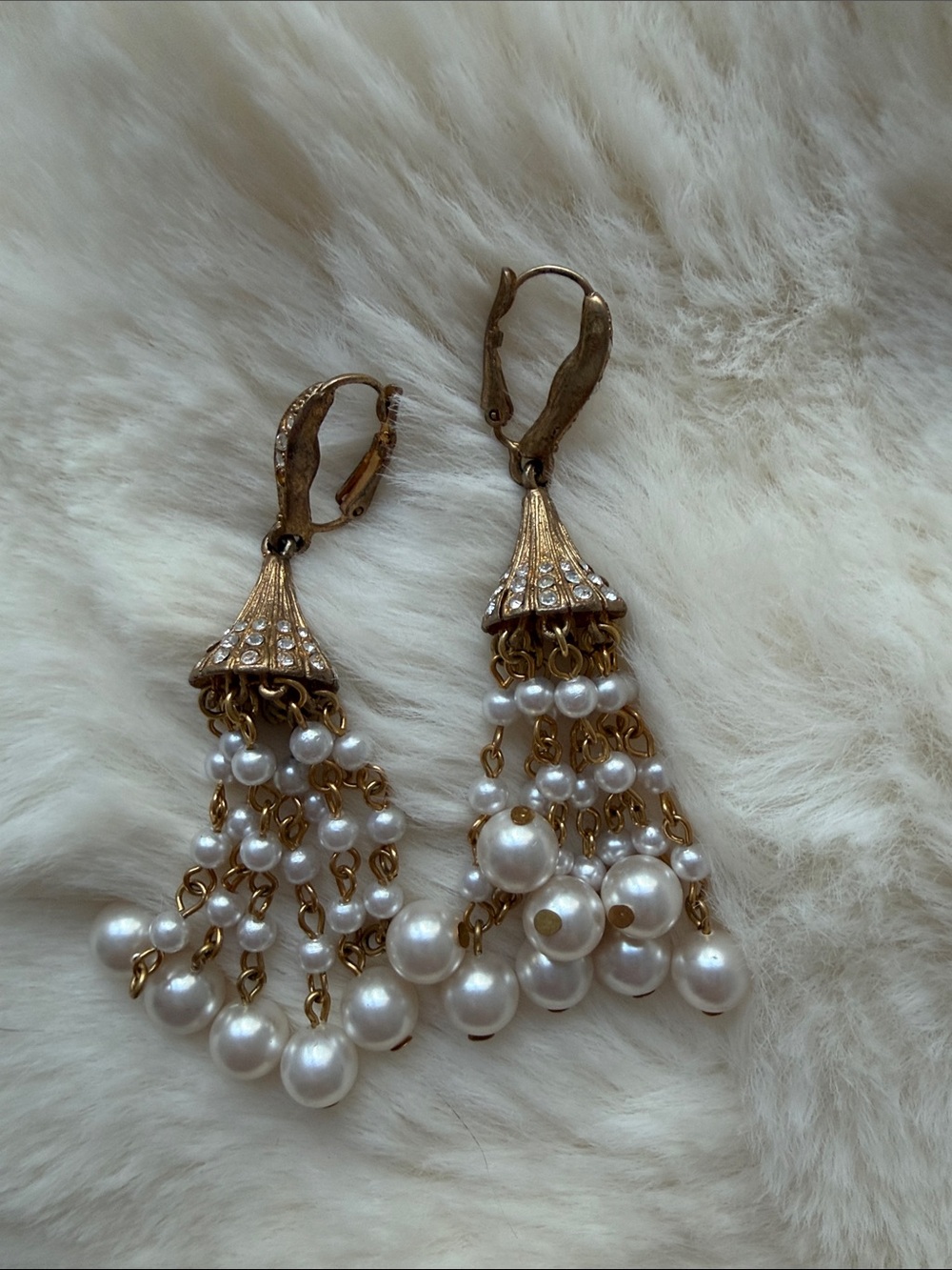 Oscar de la Renta Gold and White Pearl Cascade Drop Earrings